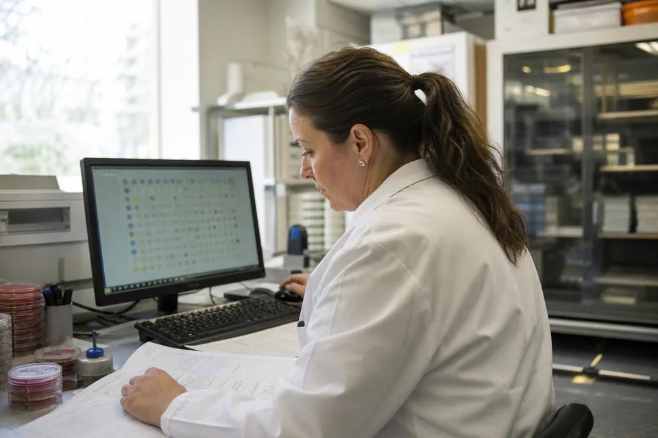 Microbiology lab manager exporting susceptibility results at a workstation beside a printed antibiogram