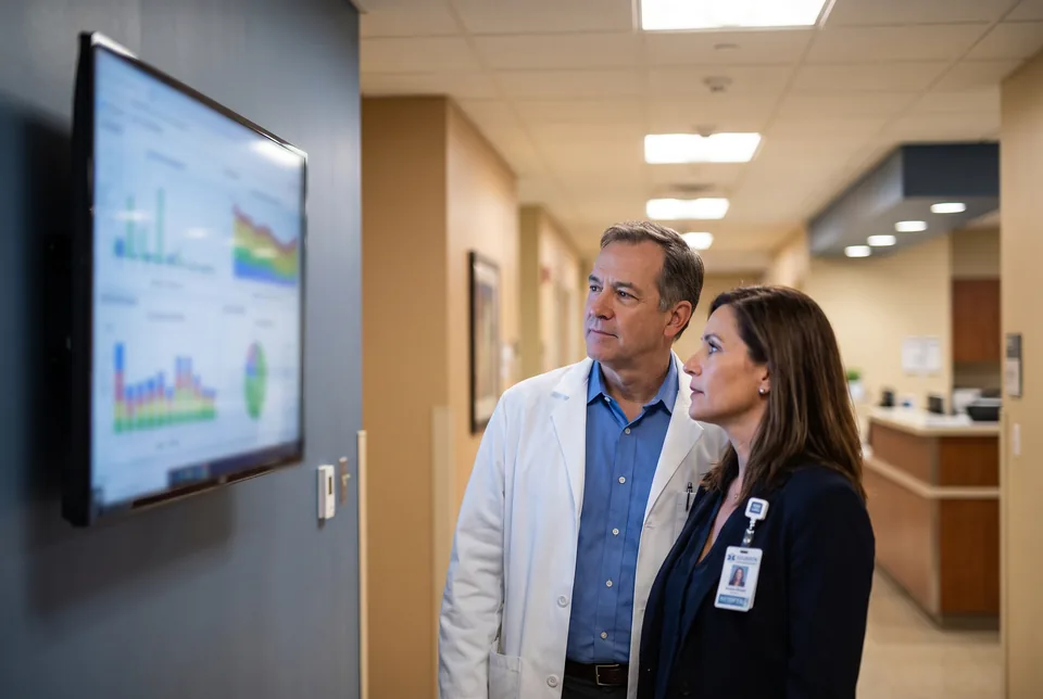 Pharmacy director and infection preventionist comparing surveillance platform dashboards