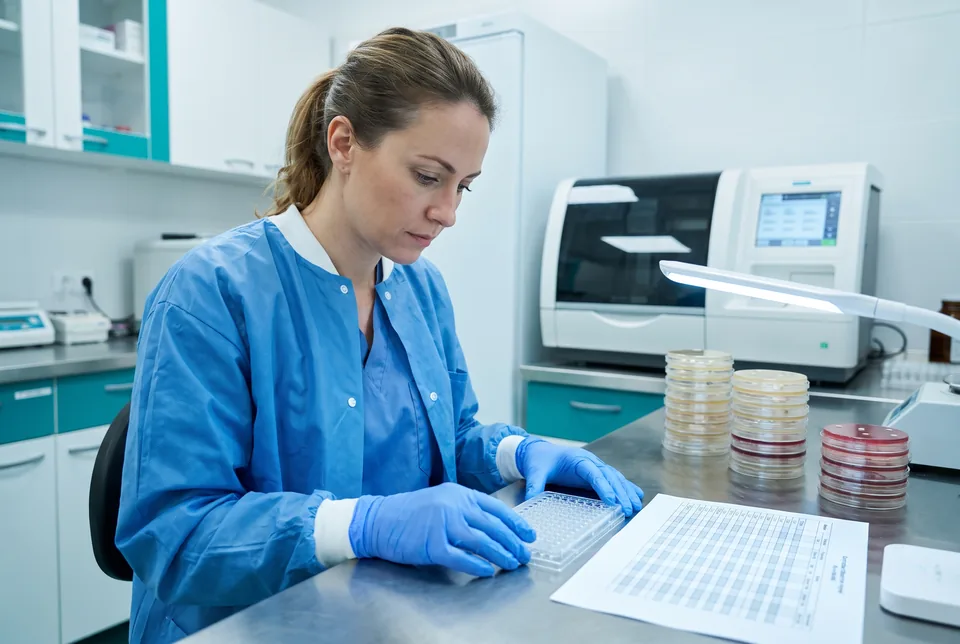 Microbiology technologist at the bench reviewing susceptibility results before they are released to the laboratory information system