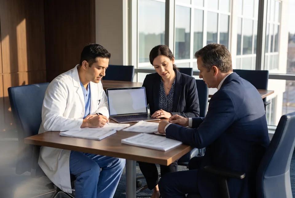 Laboratory manager and pharmacist reviewing a cumulative antibiogram table together