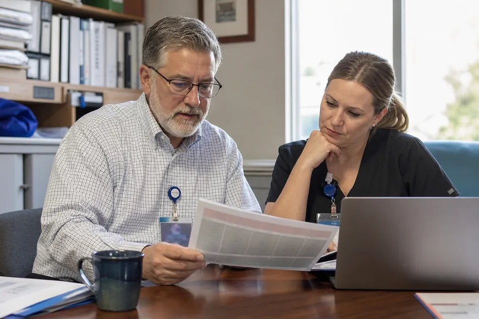 Pharmacy director and infection preventionist at a small hospital reviewing a printed antibiogram table together