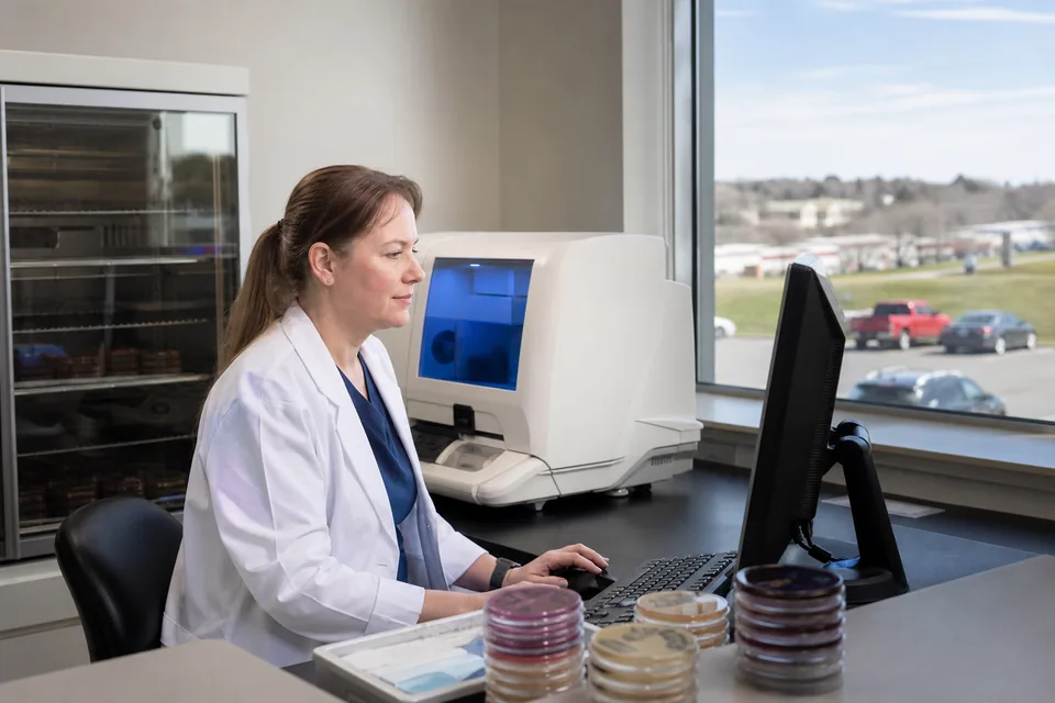 Laboratory technologist at a small rural hospital reviewing culture and susceptibility results at a workstation beside a microbiology analyzer