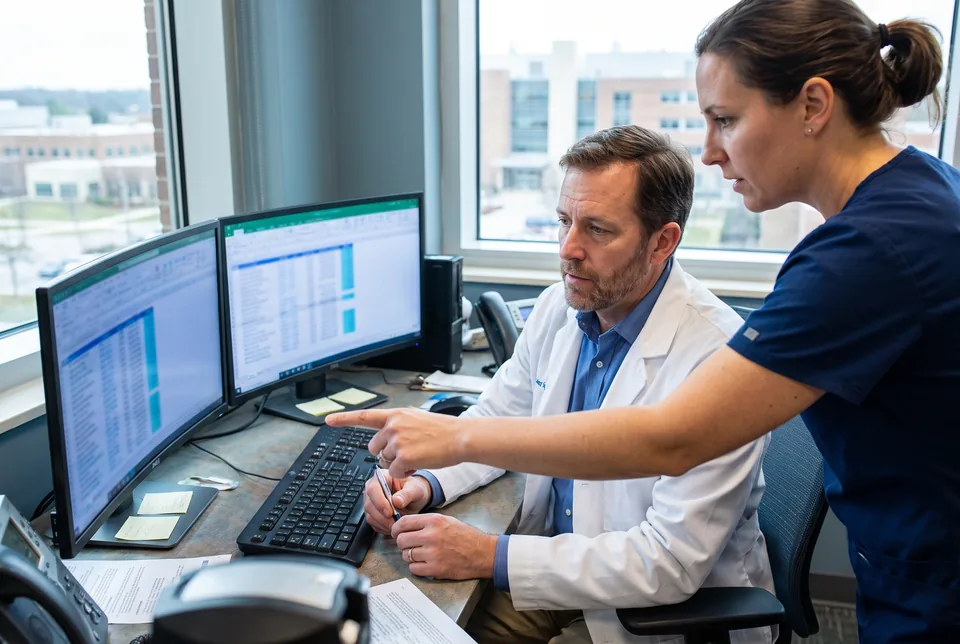 Stewardship pharmacists reviewing antibiotic orders at a hospital workstation