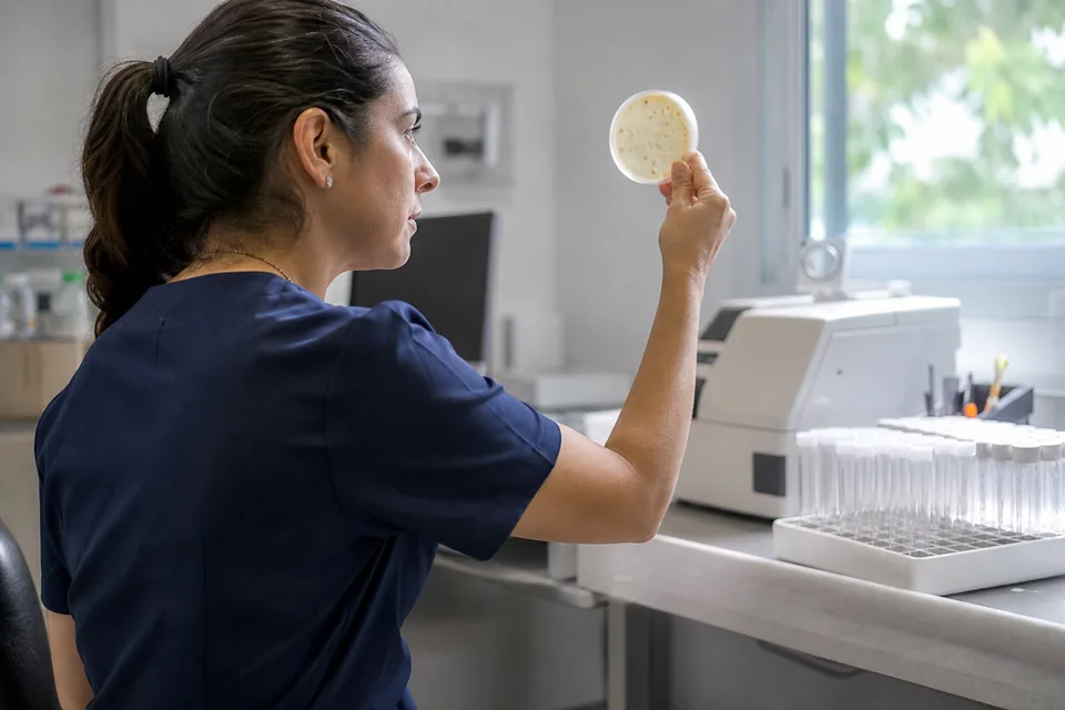 Laboratory scientist holding a culture plate up to the light in a small independent lab