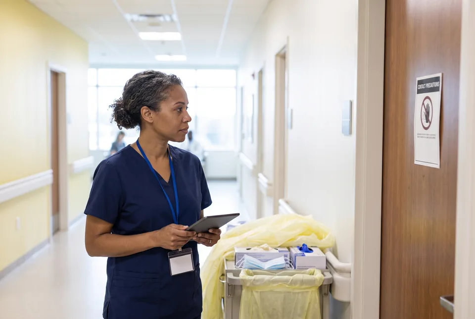Infection preventionist checking isolation signage outside a patient room on a hospital unit