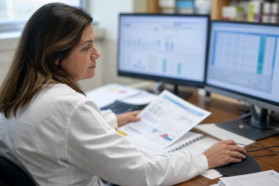 Stewardship pharmacist at a hospital workstation reviewing monthly antimicrobial use and resistance data before submission