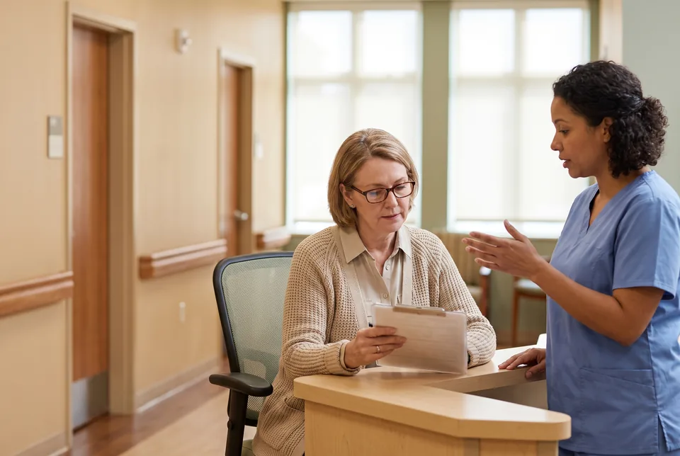 Consultant pharmacist reviewing culture results with a nurse at a nursing home station