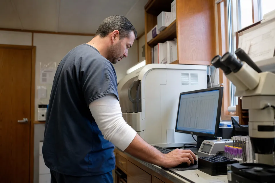 Laboratory director in a small rural hospital lab with an analyzer, microscope and a spreadsheet on screen