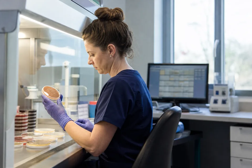Medical technologist at a community hospital reading culture plates beside a results workstation