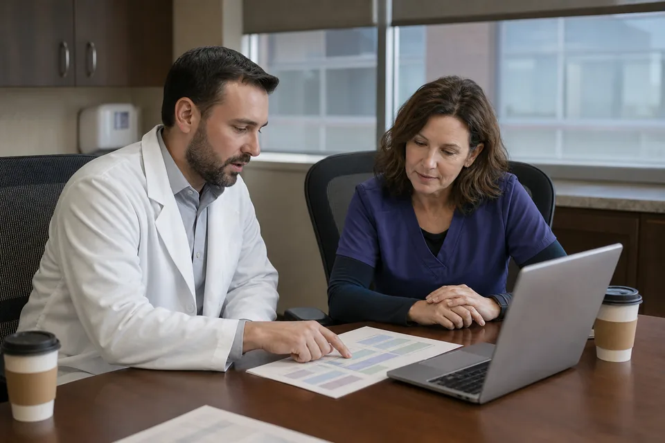 Clinical pharmacist and infection preventionist reviewing a printed antibiogram at a hospital meeting table