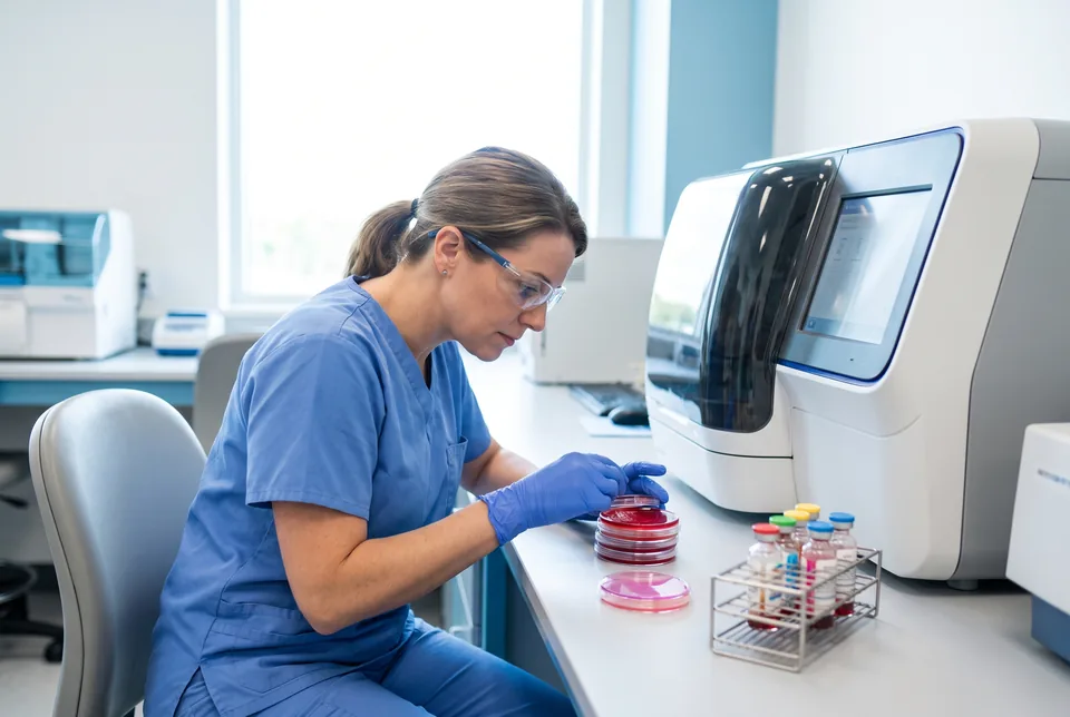 Medical technologist working beside an automated identification and susceptibility testing analyzer