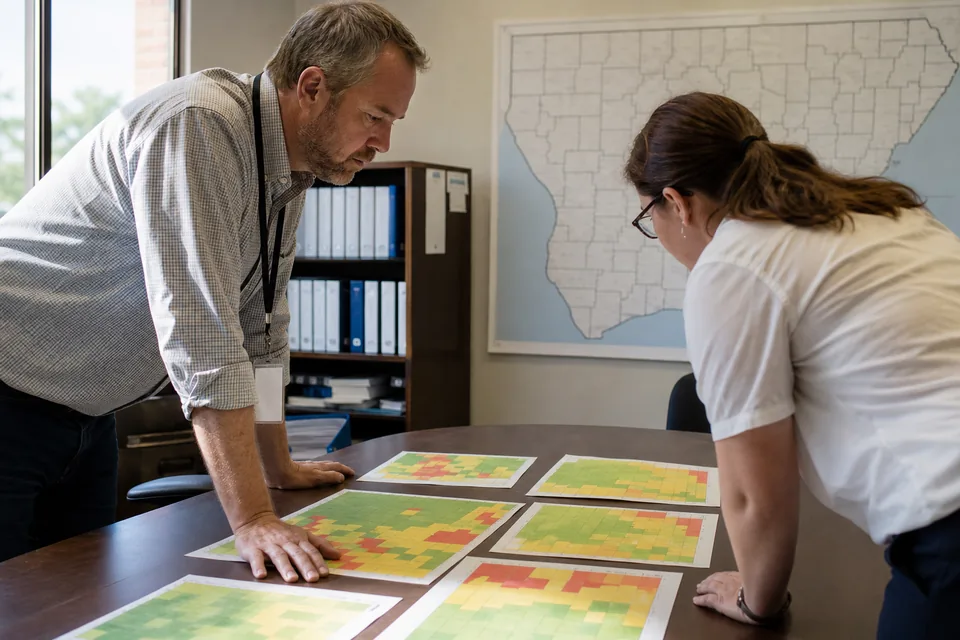 Two health department epidemiologists reviewing color coded heat map printouts beside a wall map of state counties
