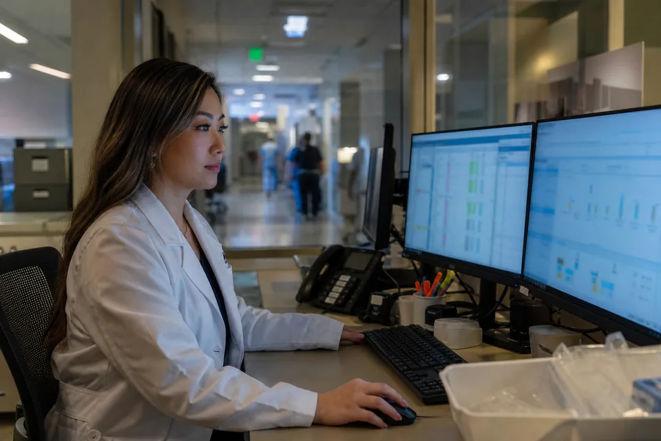 Hospital pharmacist at a large health system reviewing susceptibility data on two monitors