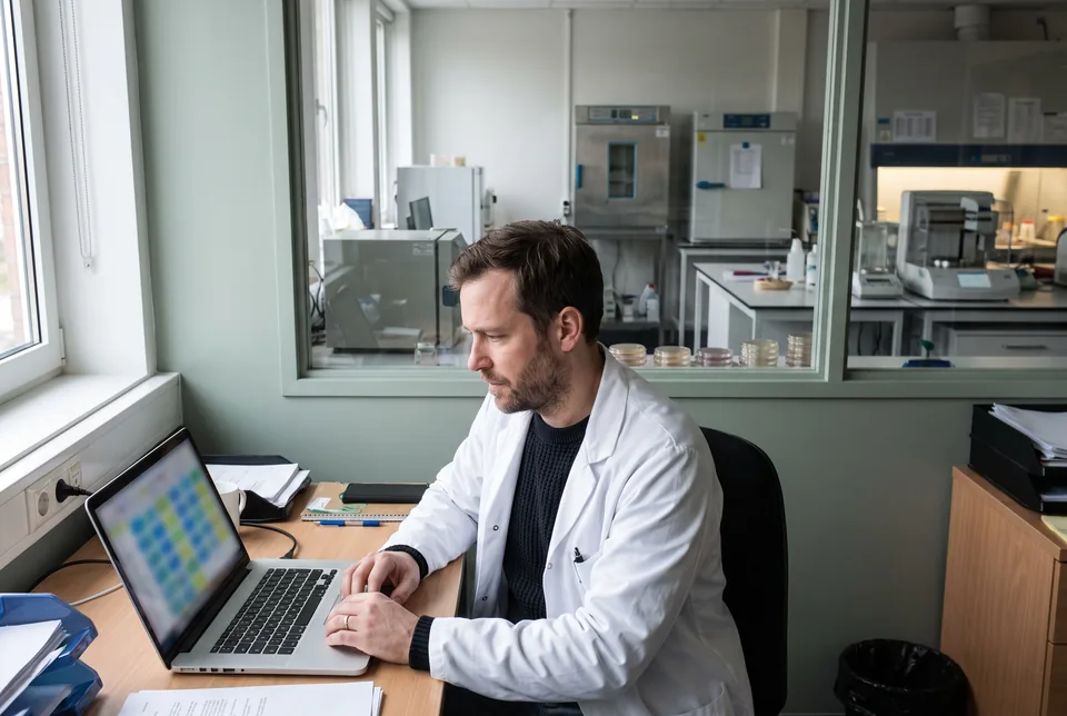 Microbiology lab manager building an antibiogram on a laptop beside the lab
